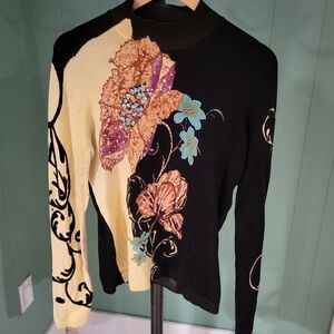 Vertigo Paris Black and Cream Floral Silk Sweater